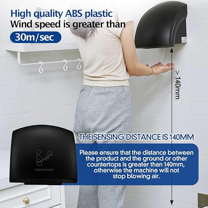 Rossesay 1 Pcs Electric Hand Dryer Commercial Compact Air Wiper Automatic Hand Air Dryer for Dry Machine Wall Business Home Household Restroom Office Mall, 110v,1200W (Black)