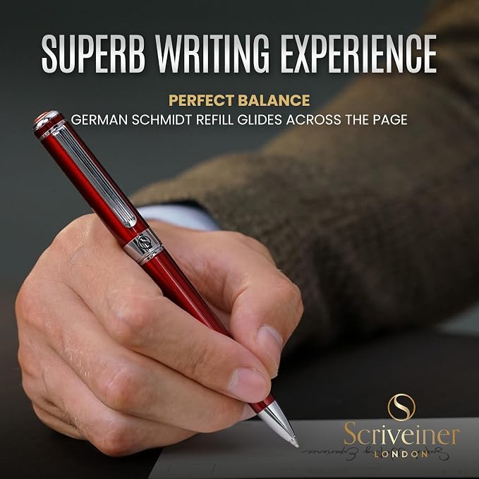 Scriveiner Personalized Deep Crimson Red Ballpoint Pen - Stunning Red Lacquer Luxury Pen with Chrome Finish, Schmidt Ink Refill, Engraved Ball Point Gift Set for Men & Women, Custom Engraving