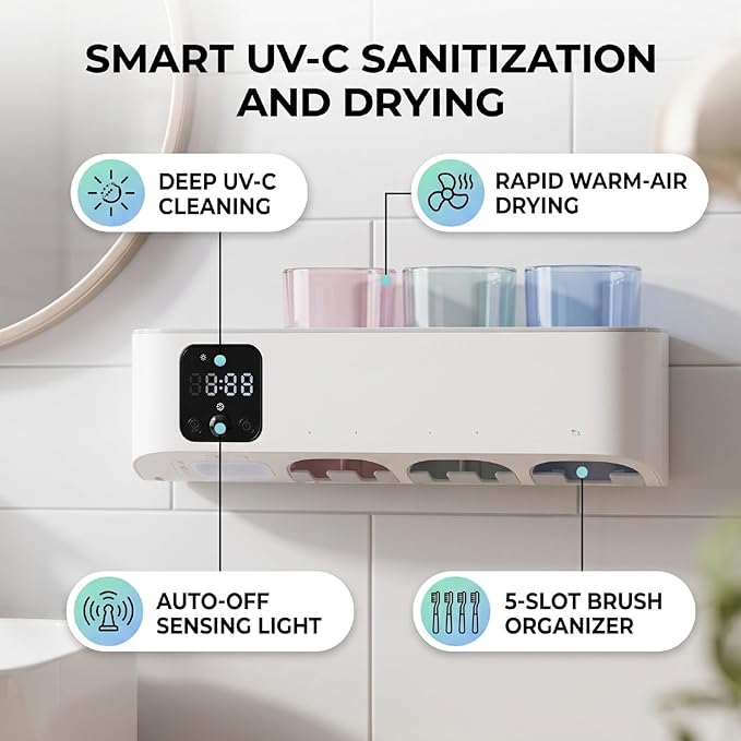 VBESTLIFE Electric Toothbrush Clean Holder, Wall Mounted with 5 Slots LED Display Rechargeable UVC Sanitizer and Dryer, for Bathroom Mirror Tile