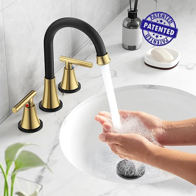 Bathroom Faucets for Sink 3 Hole, Hurran Black& Gold Bathroom Sink Faucet with Pop-up Drain and Supply Lines, Stainless Steel Lead-Free Widespread Faucet for Vanity RV Farmhouse Sink
