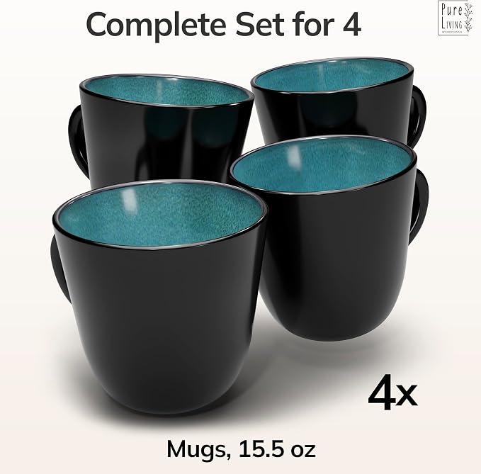 Large Stoneware Coffee Mugs Set of 4, 15.6 oz Coffee Cups with Reactive Glaze, Lead-Free, Dishwasher & Microwave Safe, Stain Resistant for Cocoa, Latte, Cappuccino & Tea, Petrol Blue