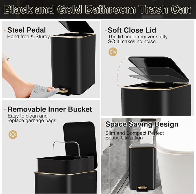 XLHOMO Black Bathroom Accessories 8 Piece Black and Gold Bathroom Set, Bathroom Accessories with Stainless Steel Bathroom Trash Can,Toilet Brush,Toothbrush Set,Soap Dispenser