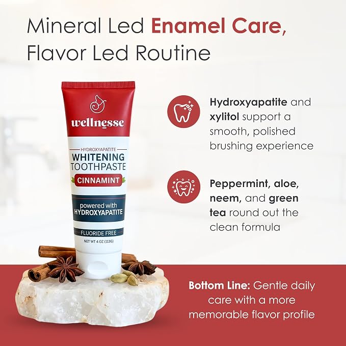 Hydroxyapatite Toothpaste, Whitening, Fluoride Free, Cinnamint, 4 Oz | Wellnesse Remineralizing Enamel Care, SLS Free, Xylitol Formula for Sensitive Teeth, Dental Oral Care for Adults, Lower Foam