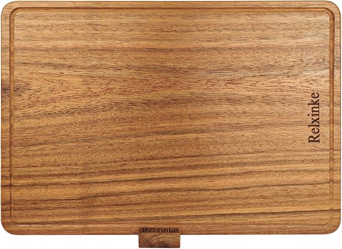 Solid Teak Wood Cutting Board One Piece Non Glued Extra Large Thick Crack Resistant Wooden Chopping Board with DeepJuice Grooves Built in Handles for Kitchen Meat Vegetable 21.7x15 IN