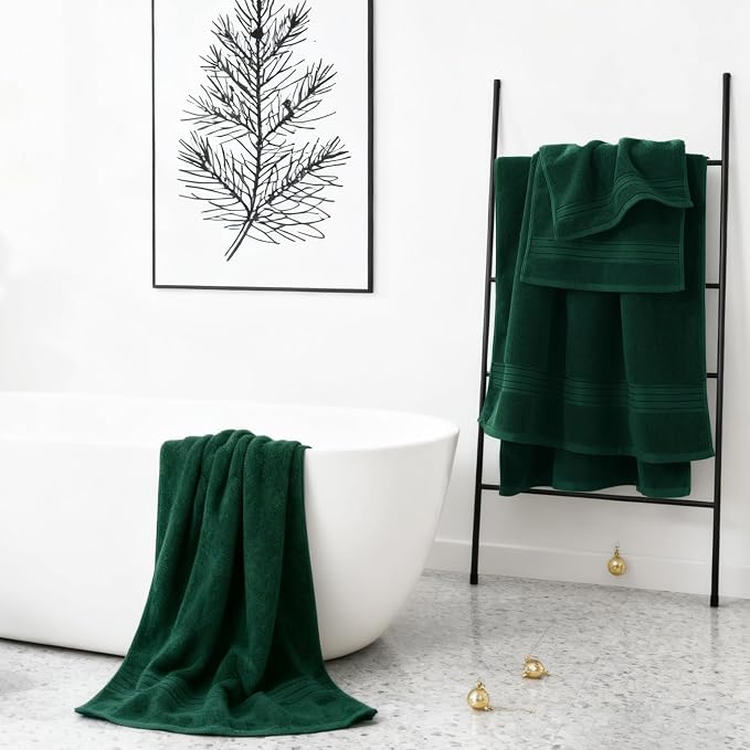 COZYART Luxury Bath Towel Set 6 Pcs, Dark Green 100% Turkish Cotton 650 GSM | OEKO-Tex 100 Certified Zero Twist Ring Spun, Soft Absorbent Quick Dry, Plush Fluffy, Breathable Hotel Quality for Daily Use