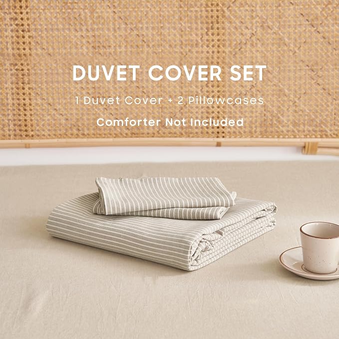 Wake In Cloud - Striped Cotton Duvet Cover Set, 100% Washed Cotton Textured Bedding Set, Ticking Stripe Pinstripe Farmhouse, 3 Pieces, Tan, Full Size