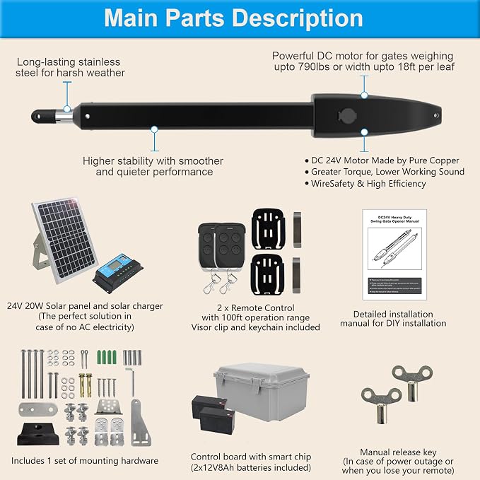C025 Solar Gate Opener with Batteries & Solar Panel for Dual Swing Gates Up to 790lb 18FT per Arm Complete Automatic Gate Opener Kit with Remote Medium-Duty Electric Gate Opener Solar-Powered