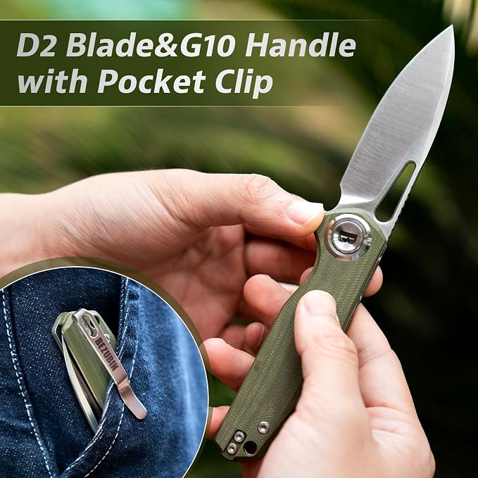 Pocket Folding Knife,3.15" D2 Steel Blade,Green G10 Handle,Push Button Lever Lock,Pocket Knife with Pocket Clip for Outdoor,Survival,EDC