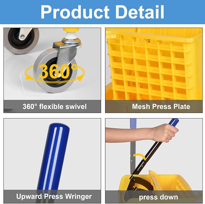 Side Press Wringer Combo Commercial Mop Bucket on Wheels, Including 1 Set Commercial Mop Handle with 1 Pack Blue Mop Heads, 35 Quart, Yellow Bucket