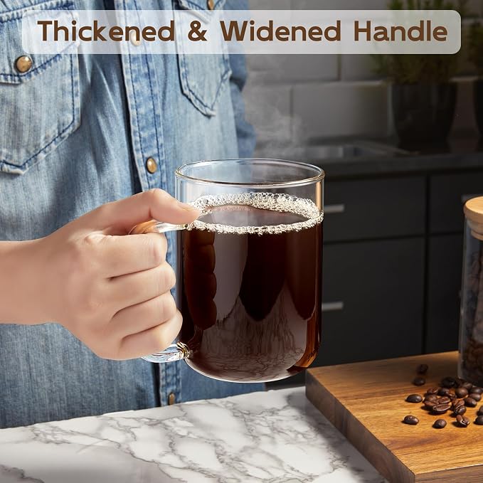Glass Coffee Mugs, 20 oz Ice Coffee Cups Set of 4, Large Clear Tea Cups, Glass Mugs with Handles for Hot Beverages, Glass Cups for Latte, Cappuccino, and Tea