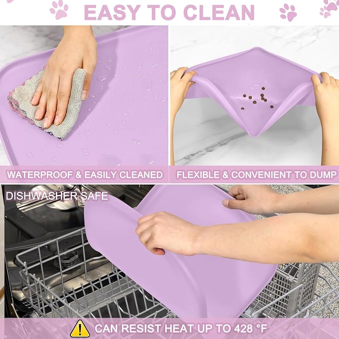 SMILOOL Waterproof Silicone Pet Food Mat with Raised Edge for Dog & Cat | 24" x 16" Non-Slip Pet Feeding Mats with Lip for Food & Water Bowl, Food Grade, Easy Cleaning, Lavender