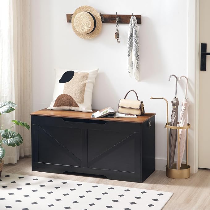 HOOBRO Storage Bench, 39.4" Retro Wooden Storage Chest with U-Shaped Cut-Out Pull, Safety Hinge, Supports 220 lb and Easy Assembly for Toy Box Organizer (Black and Walnut) BH771CW01G1