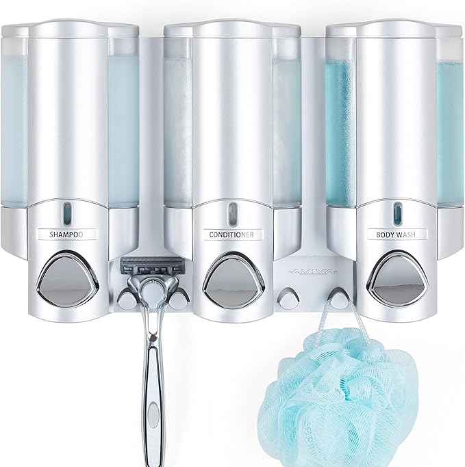 Better Living Aviva Wall Mount Shower Dispenser, 3 x 11 oz, Satin Silver | 3 Chamber, Shower Dispenser for Bathroom, Built-in Hooks, No Drill, Waterproof Dispenser Pump