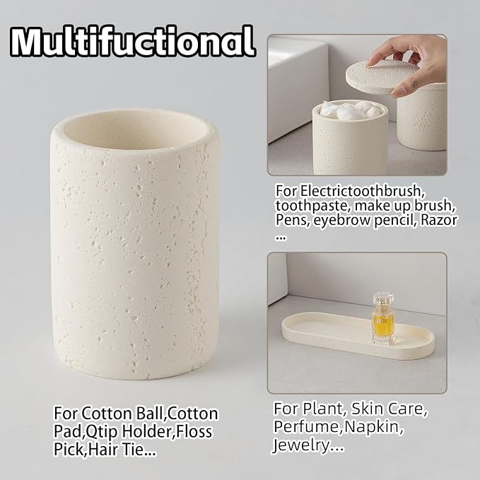 Bathroom Accessories Set,4 PCS Travertine Stone Look Collection,Cream | Modern Bath Organizer with 13.53OZ Soap Dispenser,Toothbrush Holder,Tumbler,Vanity Tray,2PCS Cotton Swab Jars for Countertop
