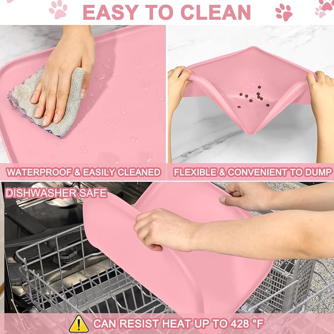 SMILOOL Waterproof Silicone Pet Food Mat with Raised Edge for Dog & Cat | 19" x 12" Non-Slip Pet Feeding Mats with Lip for Food & Water Bowl, Food Grade, Easy Cleaning, Sakura Pink