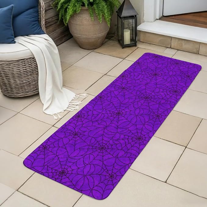 Runner Rug Indoor Outdoor 15.7"x47.2",Purple Halloween Absorbent Non Slip Entry Door Mat,Black Spiders Net Classic Gingham Low-Profile Hallway Rugs for Kitchen Laundry Room Entryway Mudroom Apartment