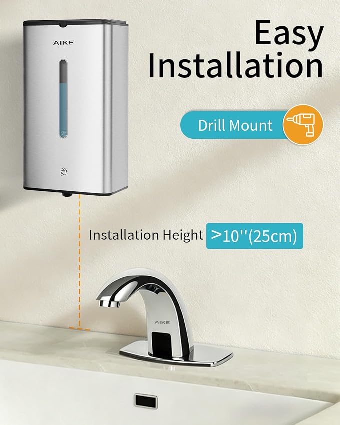 AIKE Automatic Foaming Soap Dispenser 33.8oz for Bathroom,Brushed AK1207FA | Rich Foam and Steel Finish,5-Level Adjustable and Key for Commercial(Battery Not Included),Screw Wall Mount for Space-Saving