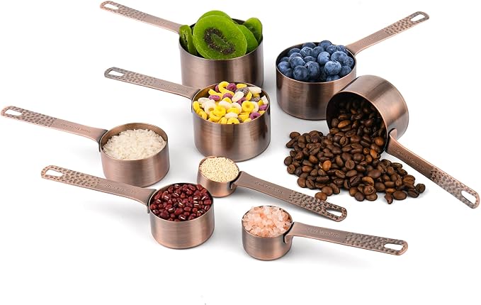 Copper Measuring Cups and Spoons Set, Stainless Steel Measuring Cups Spoons, Metal Metric & US 8 Measure Cup, 9 Kicthen Measure Spoons & Leveler for Baking & Kitchen