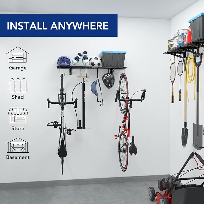 FLEXIMOUNTS Garage Wall Shelving, 1x4 ft, Includes 6 Bike Hooks, Wall Shelf Garage Organization System w/Bike Hangers, Storage Rack, Floating Shelves, 150 lbs Weight Capacity (1 Pack), Classic Series