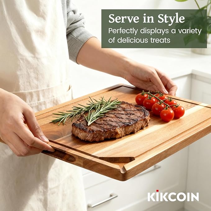 17" x 11.8" Acacia Wood Cutting Boards for Kitchen, Kikcoin Wooden Cutting Board, Chopping Board with Built-In Compartments and Juice Groove, Heavy Duty Charcuterie Board Wood Butcher Block