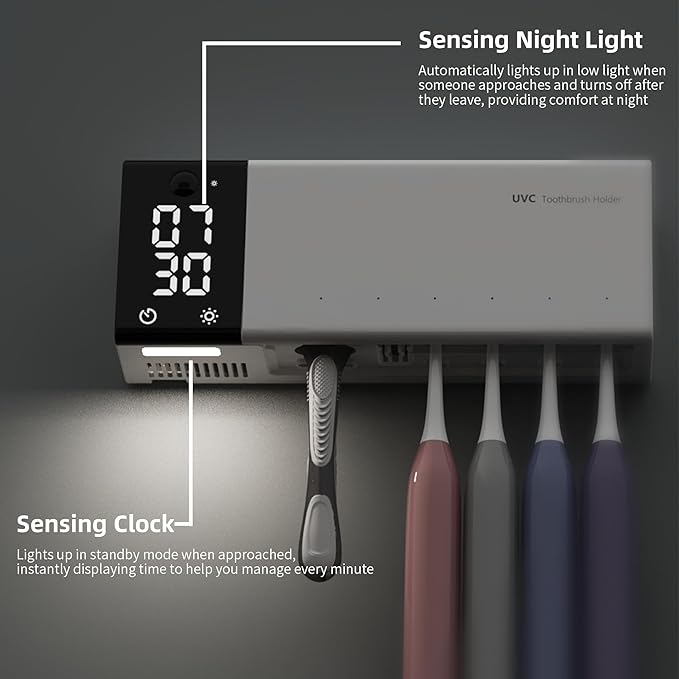 UV Toothbrush Holder Wall Mounted for Bathrooms | Smart Tooth Brush Sanitizer and Holder | Dual Toothbrush Stands | Sterilizer and Hot Air Drying | LED Clock Display, Motion Sensor, Bathroom Decor