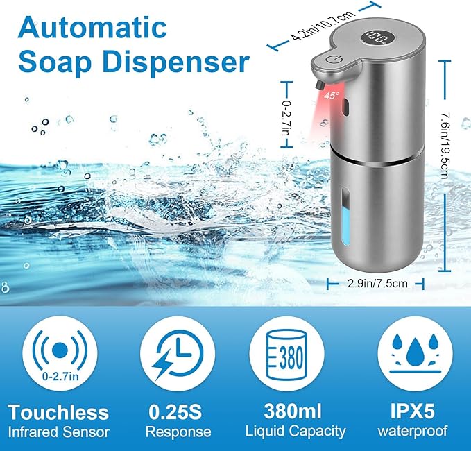 OHIFAST Automatic Liquid Soap Dispenser Touchless, USB Rechargeable Smart Hand Soap Dispenser, 6-Level Adjustable, 12.8oz/380mL Wall Mounted for Bathroom Kitchen Accessories Dish Soap-Silver