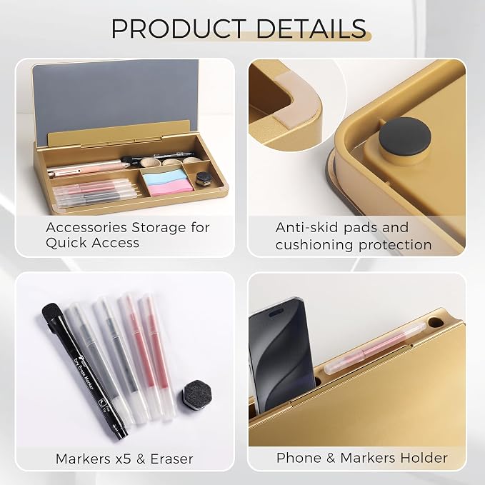TOWON Small Compact Glass Desktop Whiteboard with Storage – 12 x 7 in Dry Erase Board for Desk, Home Office, School | Includes 5 Markers, Eraser & Holder | Space-Saving Organizer, Metallic Gold