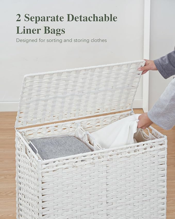 SETVSON Laundry Hamper with Lid, 112 L Handwoven Rattan, Cloud White | 2-Section Large Basket, 2 Removable Liner Bags, 3.34-In Heightened Metal Feet, 6 Mesh Laundry Bags, Side Handles
