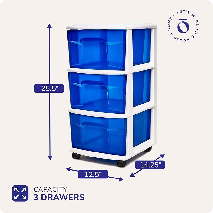 HOMZ Drawer Tower, 3-Tier Clear Blue Plastic Storage Organizer Cart, White Frame - Rolling Drawer Containers with Wheels for Bathroom, Bedroom, Office, and Classroom Organization