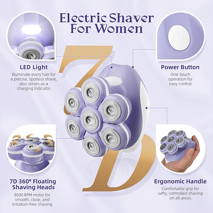 Electric Razors for Women Legs, Smooth Full-Body Electric Shaver | 7D 360° Silky-Smooth Shaver Heads, 5 Min Wide-Area Fast Body Grooming, Waterproof Wet & Dry Use, Light & Travel Cap, Violet