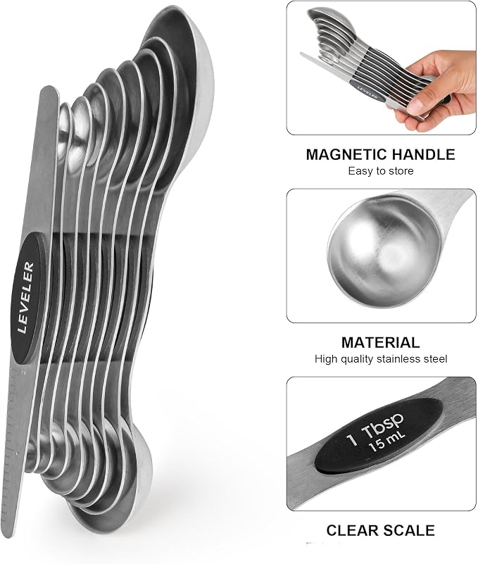 Magnetic Measuring Cups and Spoons Set 16, Metric & US Stainless Steel Measuring Cups and Spoons Set for Dry & Liquid, Metal Measure Cups & Spoons & Leveler for Kitchen&Baking, Black