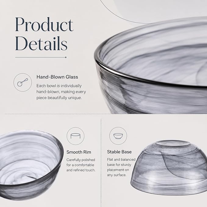 6 Pcs Black Glass Pasta Bowls Set, Elegant Alabaster Ink Swirl Pattern | 4.3 in Mini Soup Bowls for Salad, Cereal, Fruit and Dessert, Elegant Tableware for Kitchen
