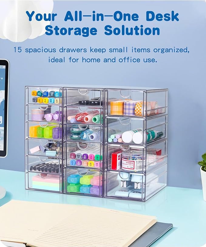 VZKAH Clear Acrylic Organizer with Drawers | 15-Drawer Desktop Unit | Makeup & Desk Organization and Storage Box for Office, Craft, Vanity Table, Bathroom, Home Essentials