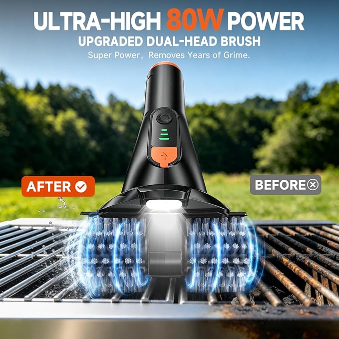 Electric Grill Brush, Ultra-High 80W Power Dual-Head Cordless Rechargeable Grill Cleaner with 2.5H Fast Charge, Heat-Resistant, Waterproof, Anti-Splatter, Ergonomic Design BBQ Grill Brush.