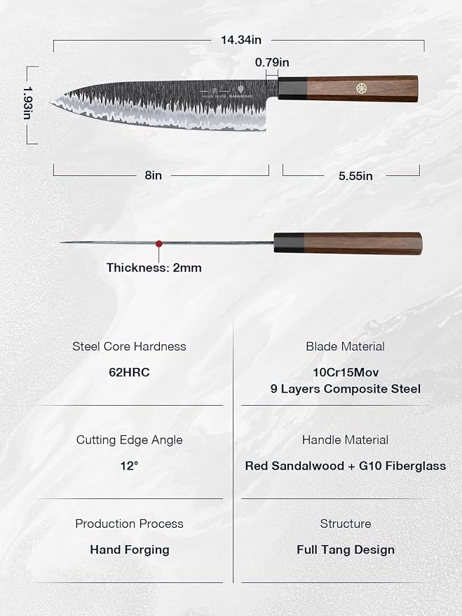 8 Inch Japanese Chef Knife, Hand Forged Gyuto Knife 9 Layers | High Carbon 10CR15MOV Steel Kitchen Knife Ultra Sharp Professional Japanese Sashimi Knife with Ergonomic Rosewood Handle