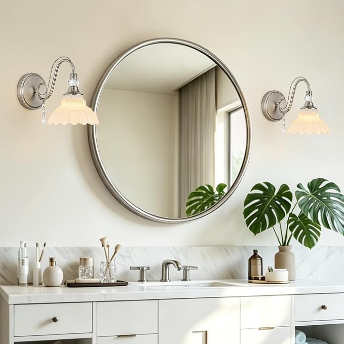 1 Piece Brushed Nickel Finish Wall Sconce, 1-Light Modern Wall Sconce with Hanging Crystal Accents and Flower-Shaped White Shades for Bathroom Bedroom Living Room,Modern Vanity Light