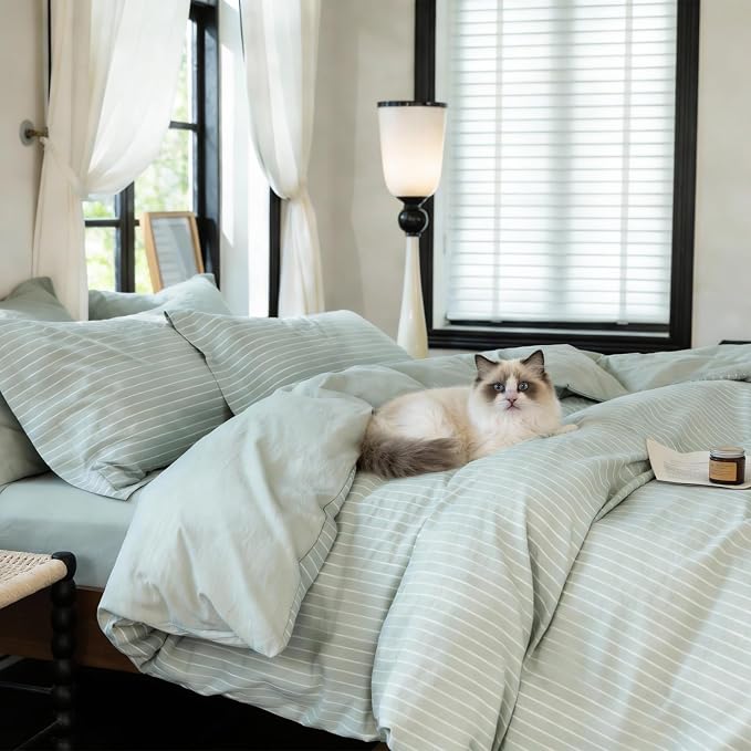 Reversible Duvet Cover Set 100% Washed Cotton Green Stripe Linen Feel Duvet Cover Queen Size with Zipper Closure & 2 Pillow Shams,Celadon Green/White Stripe Reverse Solid Celadon Green