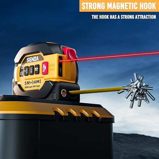 SENDA 3-in-1 Laser Tape Measure - 197Ft Digital Measuring Tape with Led Display&16Ft Measuring Tool with Magnetic Hook & Auto Lock - Pythagorean, Area, Volume, Ft/Ft+in/in/M Unit,AAA Battery*2, Yellow