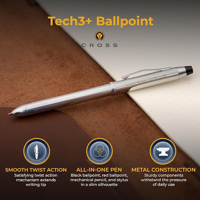 Cross Tech3+ Multifunction Pen, Lustrous Chrome, Personalized Laser Engraving, Black and Red Ballpoint, 0.5mm Pencil, Stylus, Eraser, Cross Gift Box