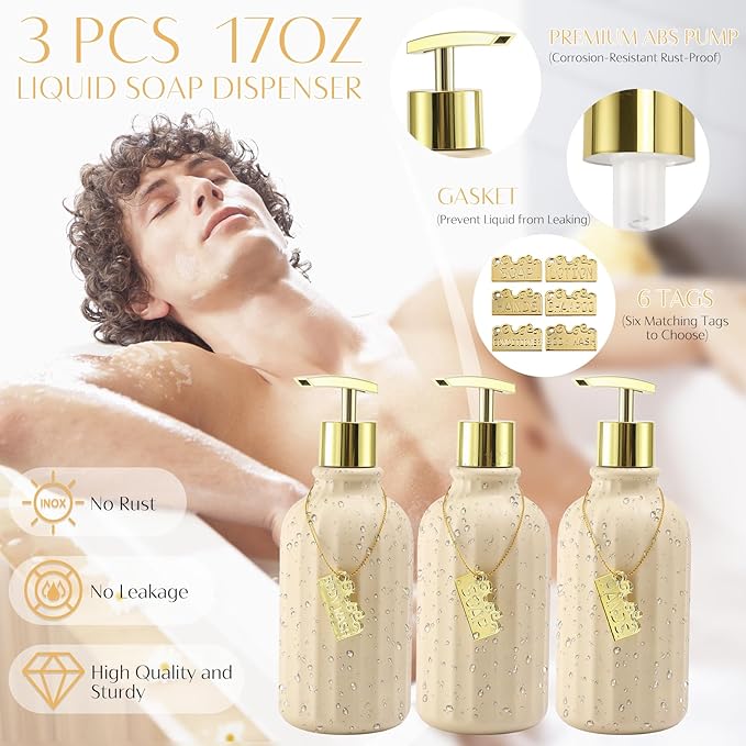 17PCS Bathroom Accessories Set, Beige Bathroom Set Bathroom Accessories Set with Trash Can, Toilet Brush, Toothbrush Holder, Qtip Holder & 3PCS Soap Dispenser