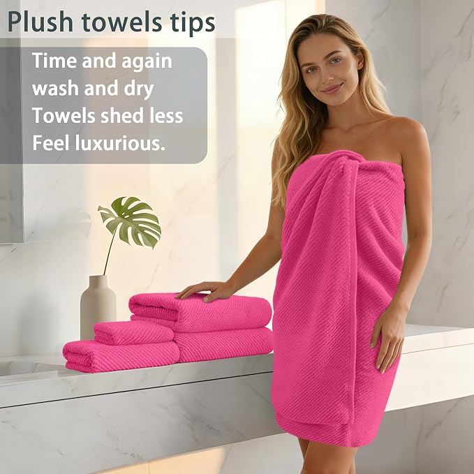 VOOVA & MOVAS 3PC Towel Set, 100% Cotton, Hot Pink | 1 Large Bath 30x56 In,1 Soft Hand 18x28 In,1 Absorbent Washcloth 13x13 In, Quick Dry, Thick, With Hanging Loops