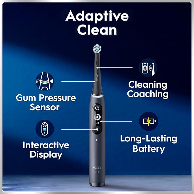 Oral-B Rechargeable Electric Toothbrush, iO7 Adaptable Clean, 5 Cleaning Modes, Visual Pressure Sensor to Protect Gums, Charging Travel Case, 2 Brush Heads, Black