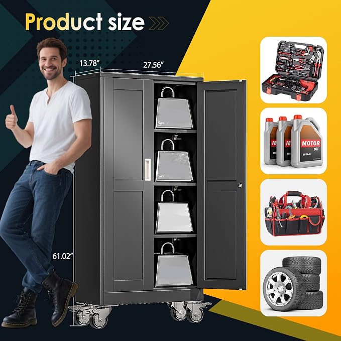 PAOFIN 61''H Metal Garage Storage Cabinet with Wheels,Steel File Cabinets with 2 Doors and 3 Adjustable Shelves for Home Office, Warehouse, Required Assembly,Black