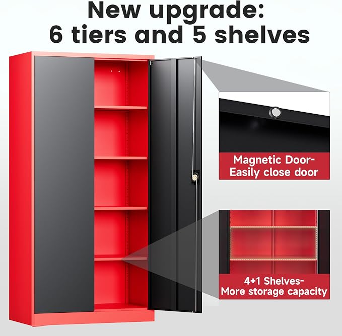Metal Storage Cabinets with Lock, 71" Tall Locker Organizer Steel Cabinets, Adjustable Shelves 2 Doors for Home, Office, Warehouse,Garage,Industrial,Employee Lockers (Style B, Black Red)