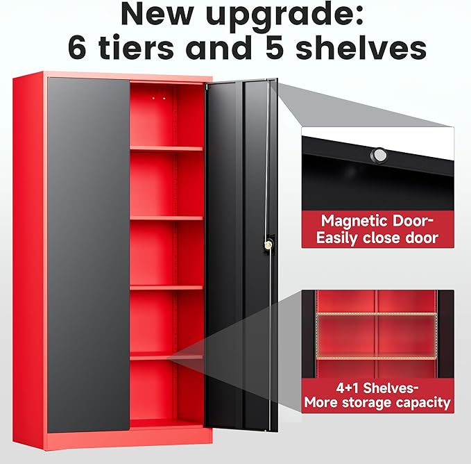 Metal Storage Cabinets with Lock, 72" Tall Locker Organizer Steel Cabinets, Adjustable Layers Shelves 2 Doors for Home, Office, Warehouse,Garage(Black Red)
