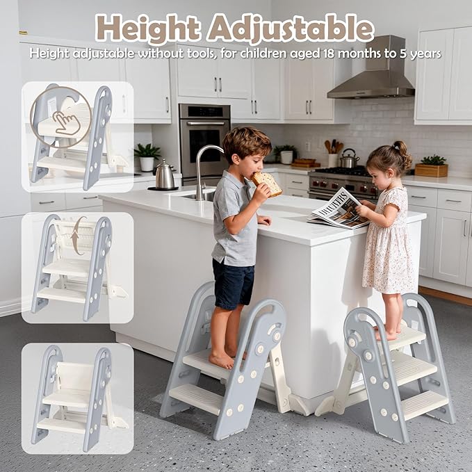 Onasti Adjustable Toddler Step Stool with Handles, Converts from 3-Step to 2-Step as Kids Grow, Non-Slip Safety Stool for Bathroom Sink, Kitchen Counter, Potty Training and Everyday Household Use-Grey