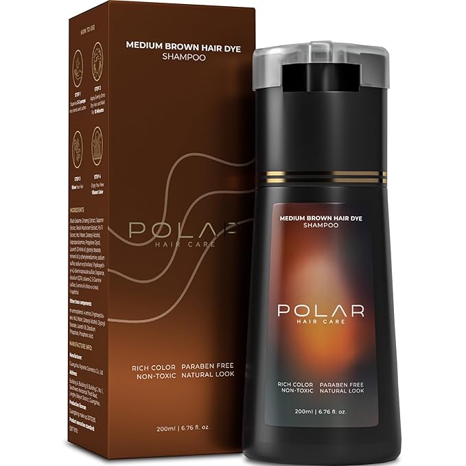 Polar Haircare - Medium Brown Shampoo Hair Dye for Women & Men, Semi Permanent Color Cleanser for Gray Coverage, Vegan Instant Tint Formula, Fast Acting Medium Brown Shade, 6.76 Fl Oz, Easy Home Use