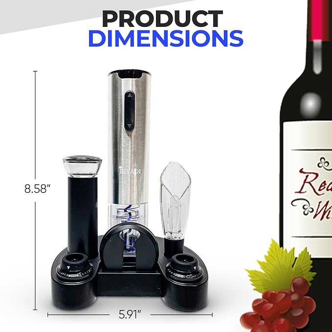 Electric Wine Opener Set with 6-in-1 Accessories, Automatic Corkscrew, Foil Cutter, Pourer, Vacuum Pump, 2 Stoppers, Charging Stand