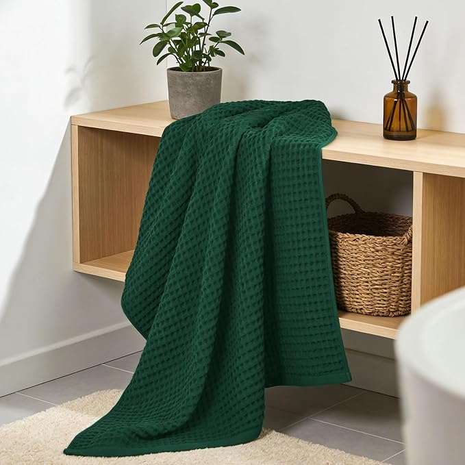 Waffle Bath Towels 2-Piece (Forest Green) - Cotton, Soft, Quick Dry | 31” x 62” Shower Towels for Bathroom Decor, Beach, Guest