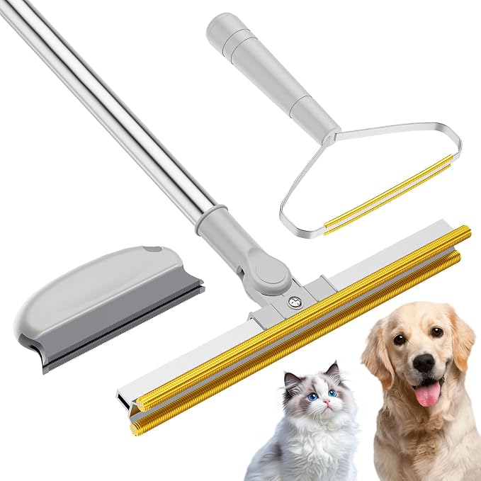 3 in 1 Carpet Rake for Pet Hair Removal, Gray | Tool Set of 3, 55" Long Handle, Carpet Pet Hair Removal Carpet Scraper, Dog Cat Hair Remover for Sofa, Couch, Car, Rug